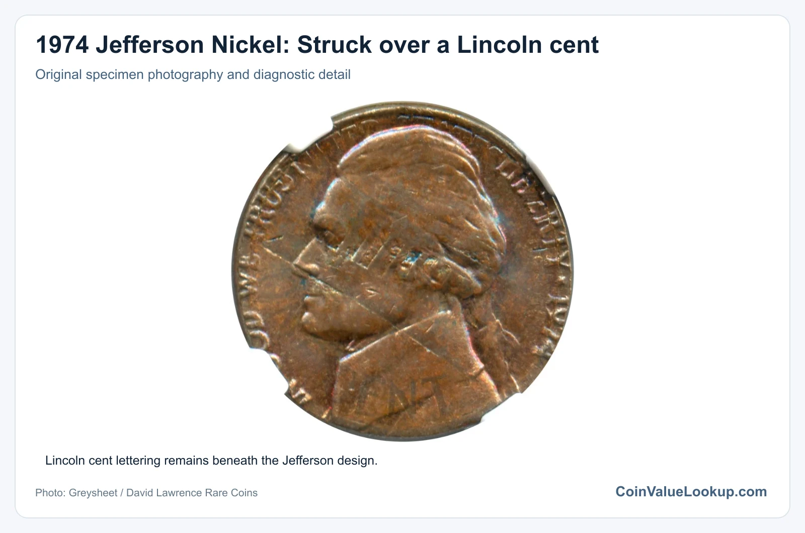 1974 Jefferson Nickel: Struck over a Lincoln cent with diagnostic detail