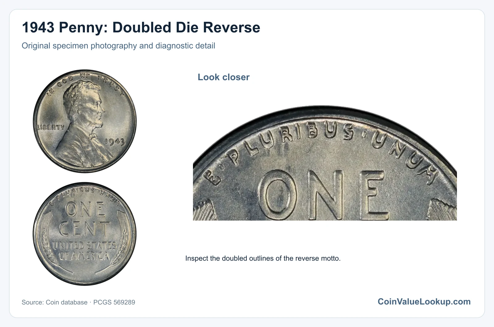 1943 Penny: Doubled Die Reverse with diagnostic detail