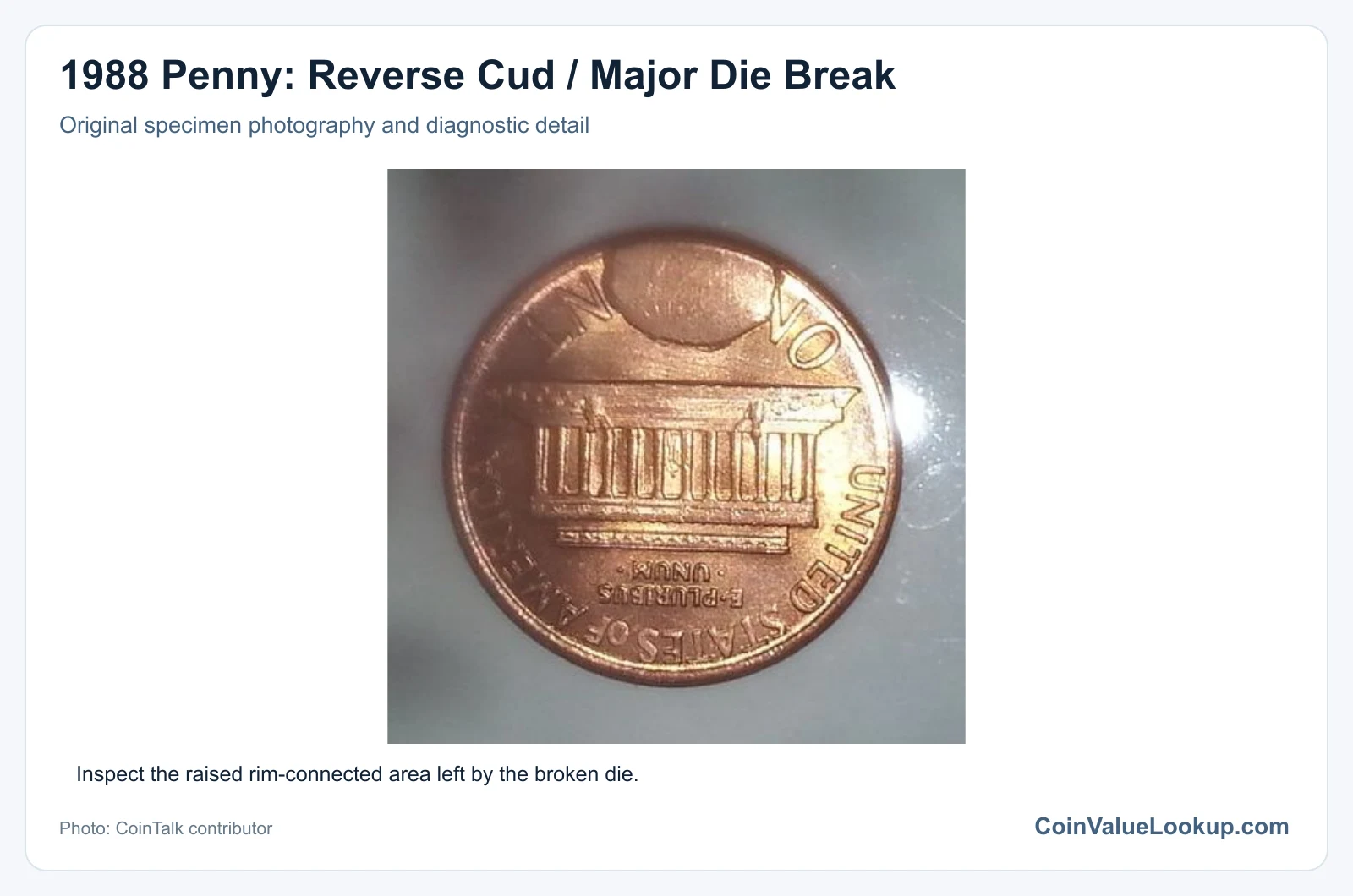 1988 Penny: Reverse Cud / Major Die Break with diagnostic detail