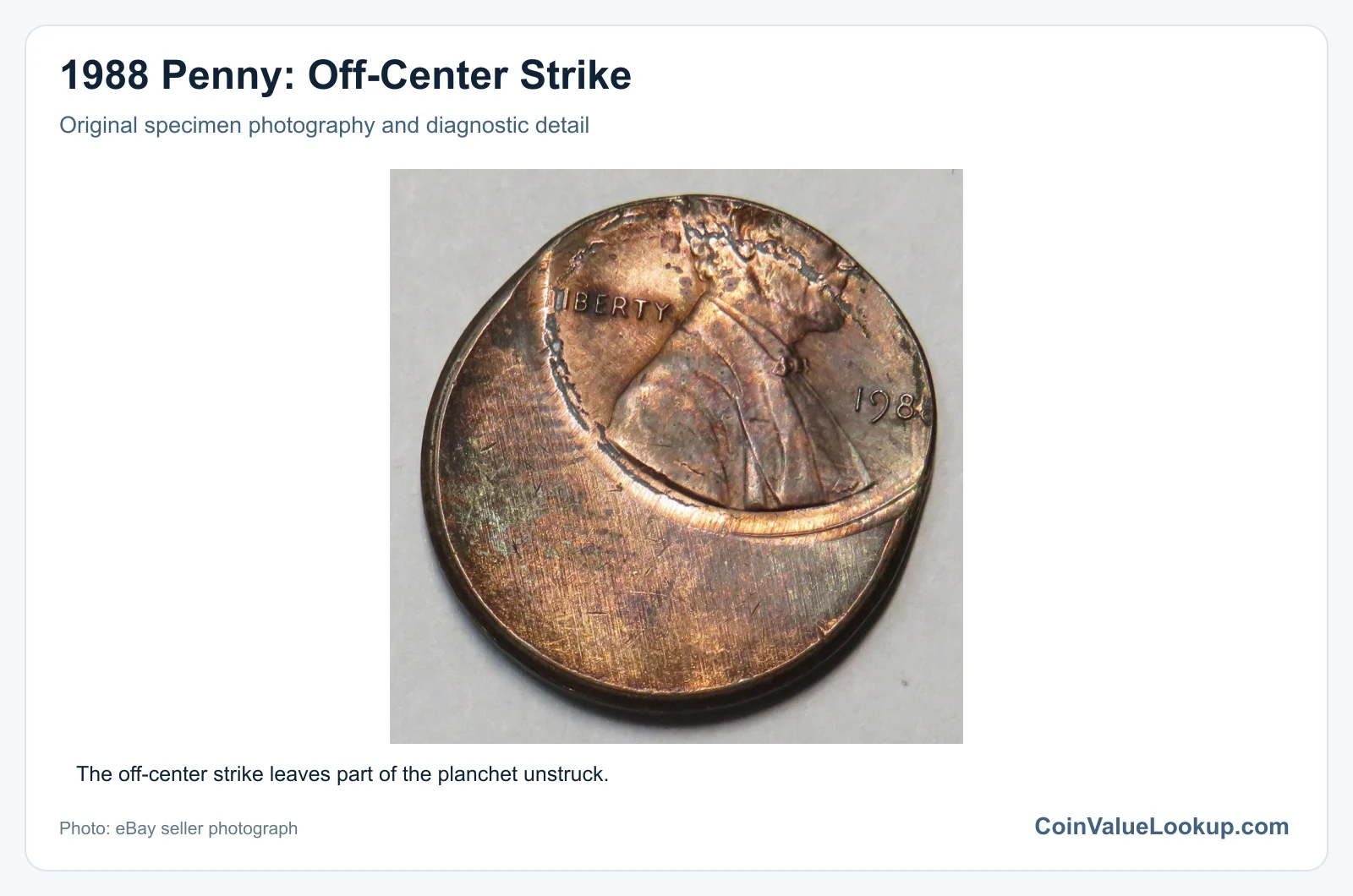 1988 Penny: Off-Center Strike with diagnostic detail