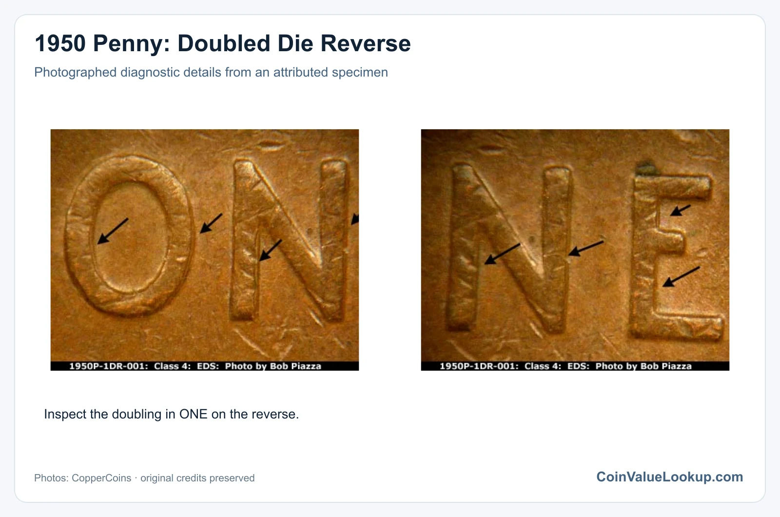 1950 Penny: Doubled Die Reverse with diagnostic detail