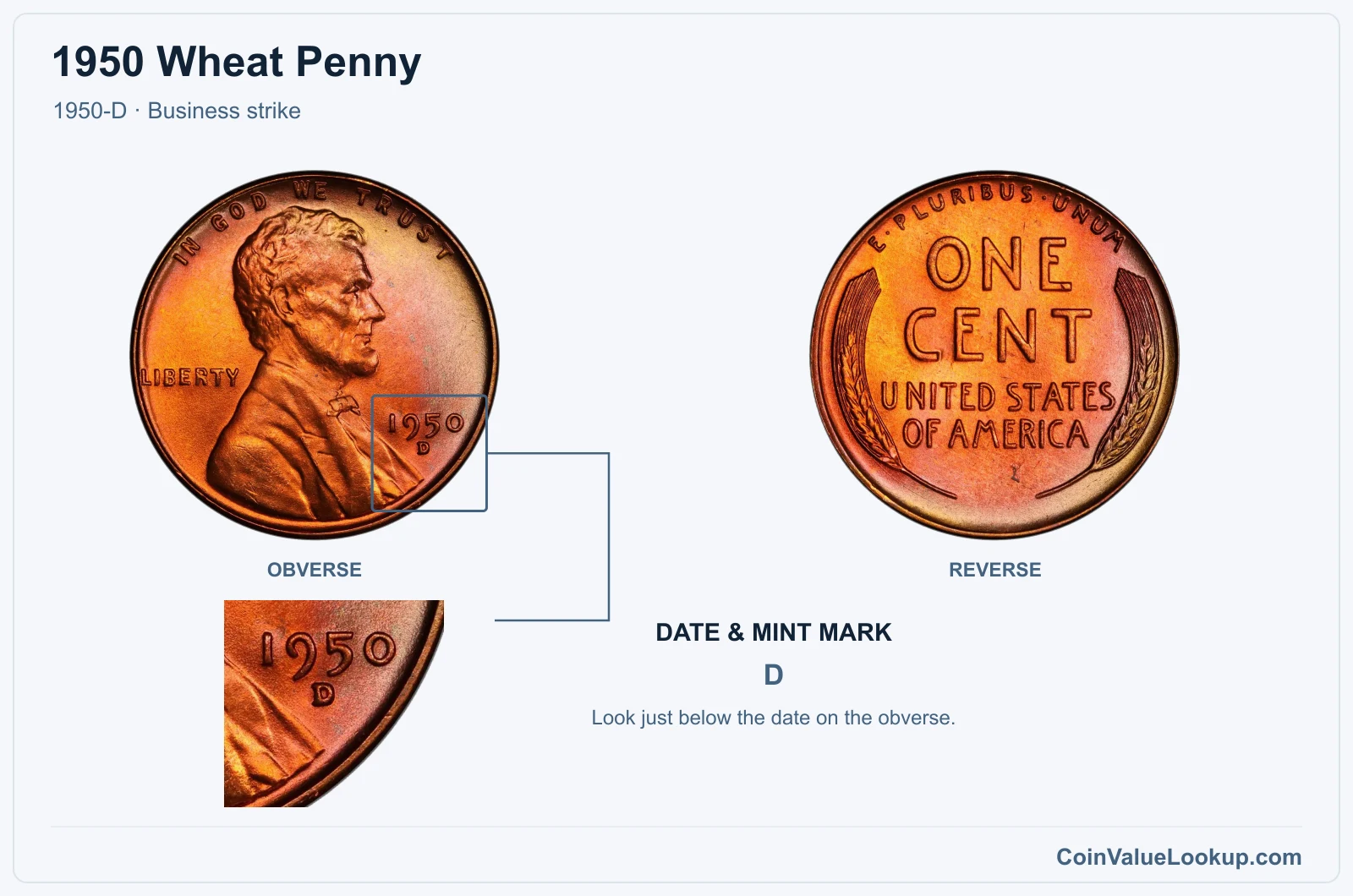 1950 Wheat Penny Coin — 1950-D, obverse and reverse, with date and mint-mark close-up
