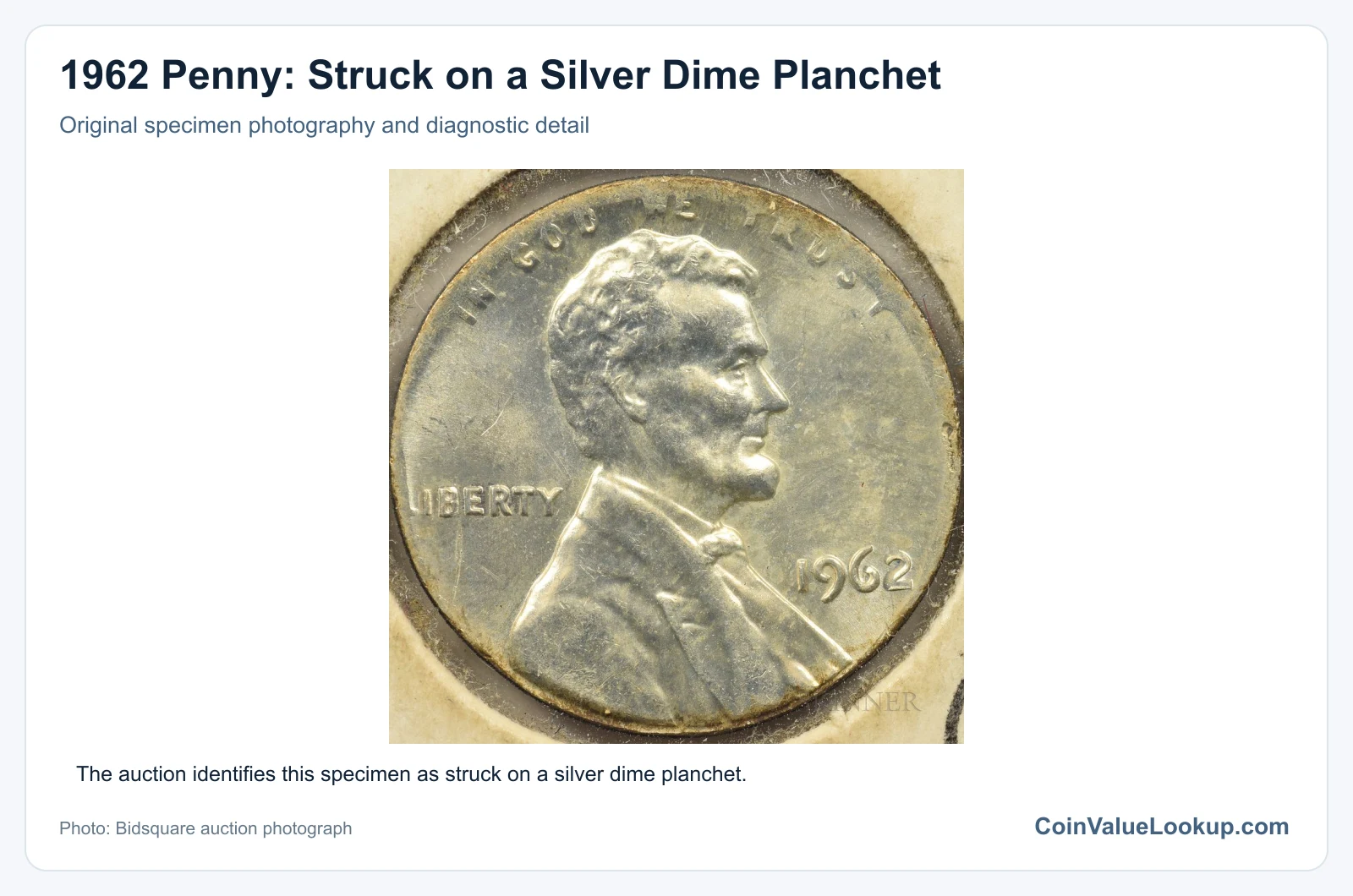1962 Penny: Struck on a Silver Dime Planchet with diagnostic detail