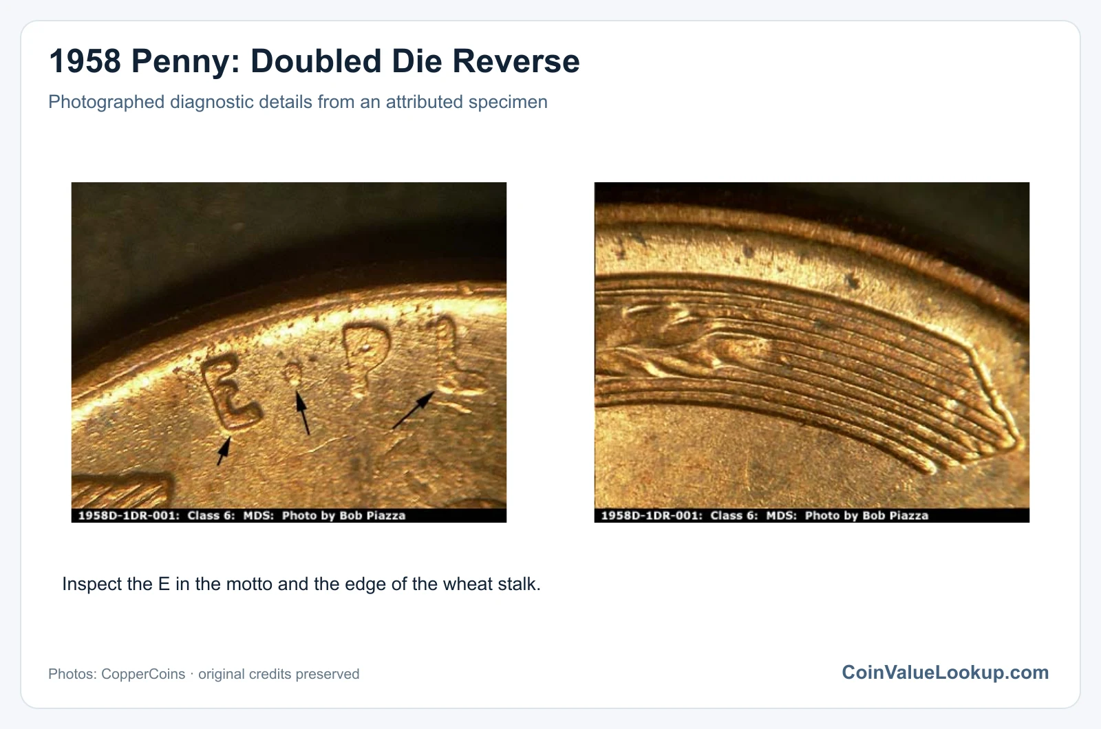 1958 Penny: Doubled Die Reverse with diagnostic detail