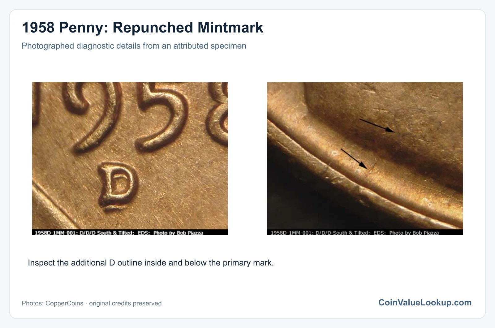 1958 Penny: Repunched Mintmark with diagnostic detail