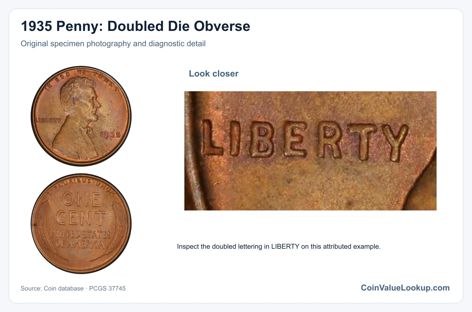 1935 Penny: Doubled Die Obverse with diagnostic detail