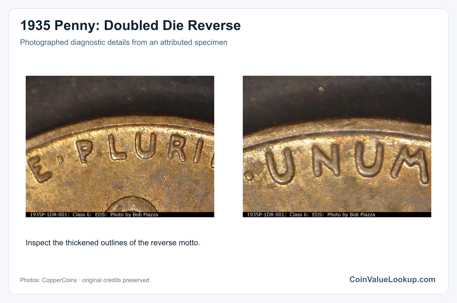 1935 Penny: Doubled Die Reverse with diagnostic detail