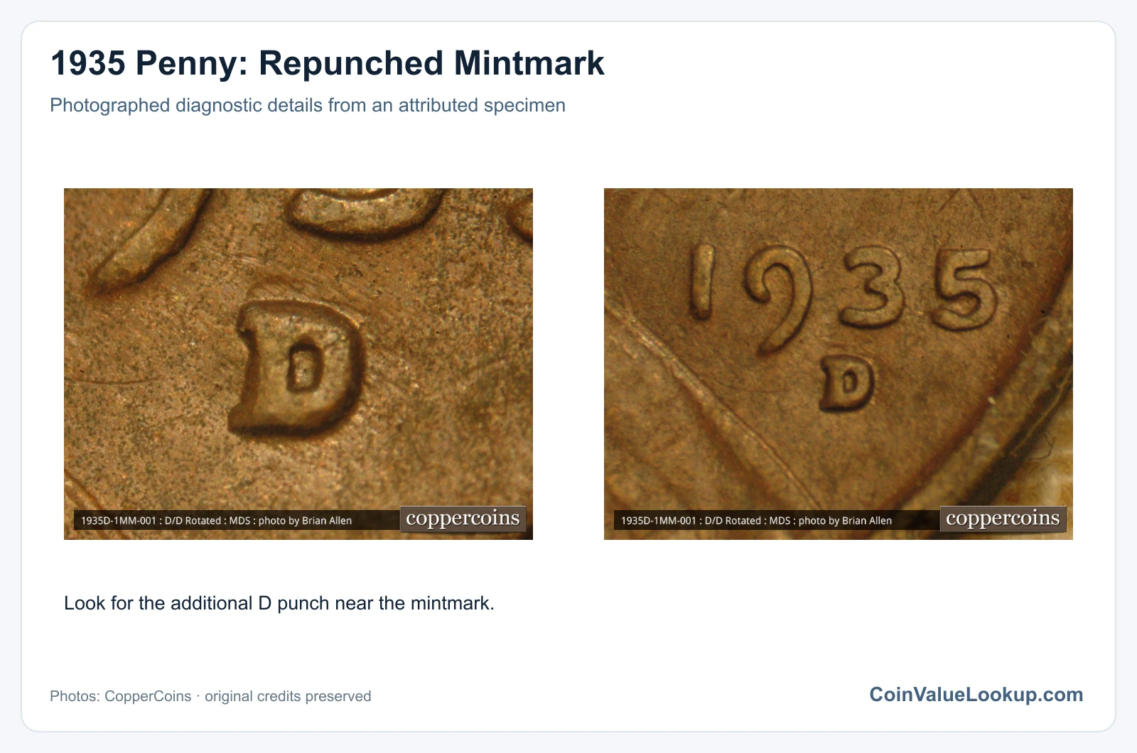 1935 Penny: Repunched Mintmark with diagnostic detail