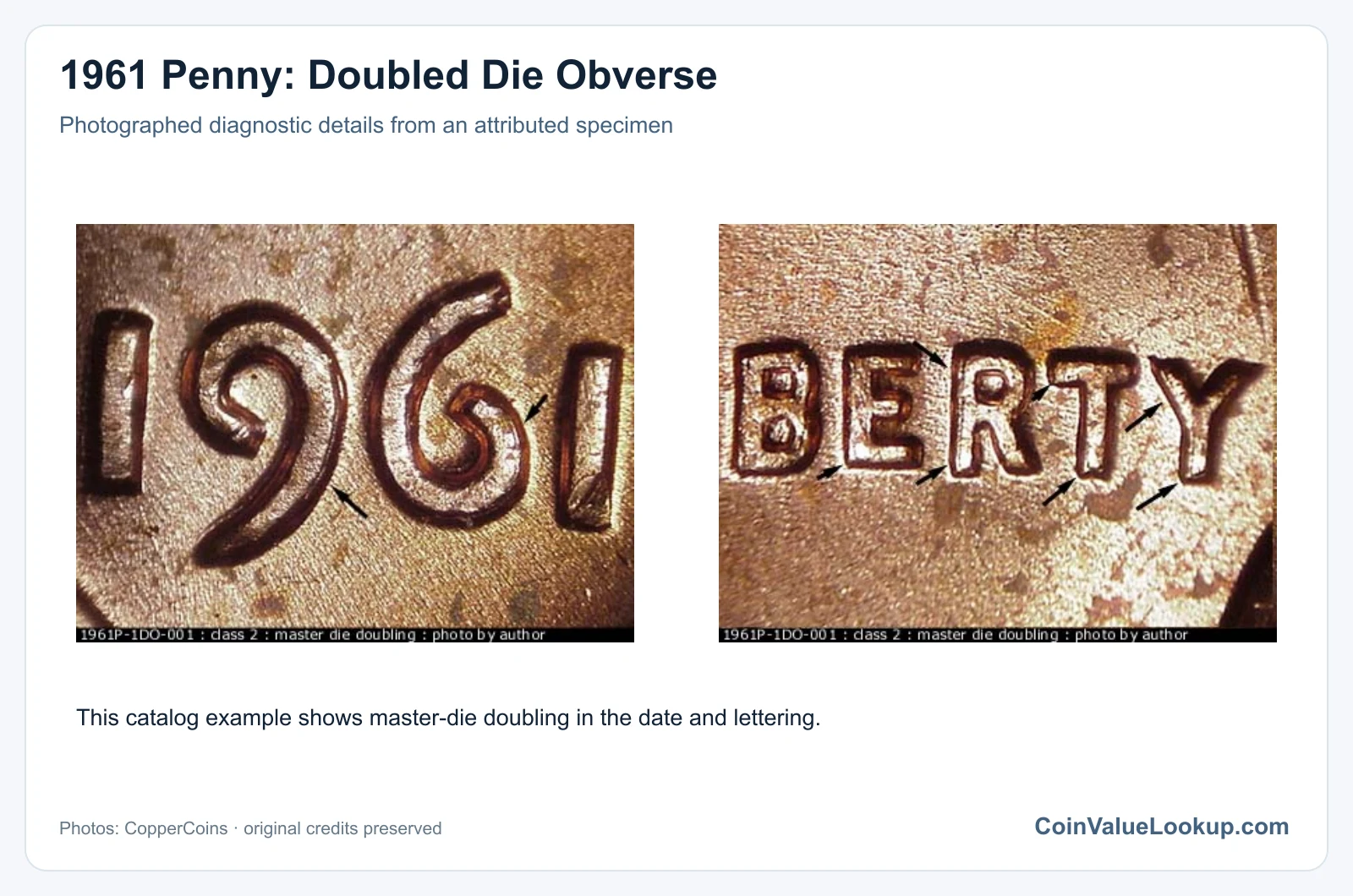 1961 Penny: Doubled Die Obverse with diagnostic detail