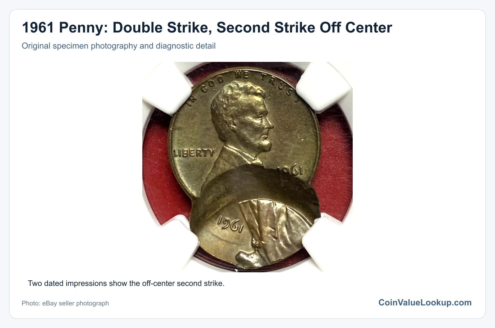 1961 Penny: Double Strike, Second Strike Off Center with diagnostic detail