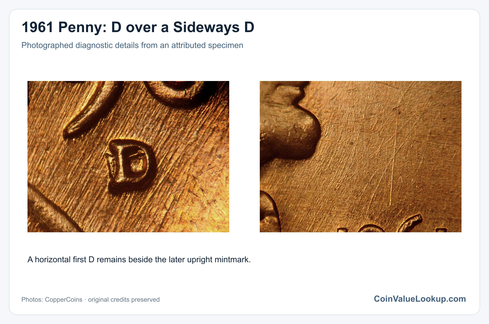 1961 Penny: D over a Sideways D with diagnostic detail
