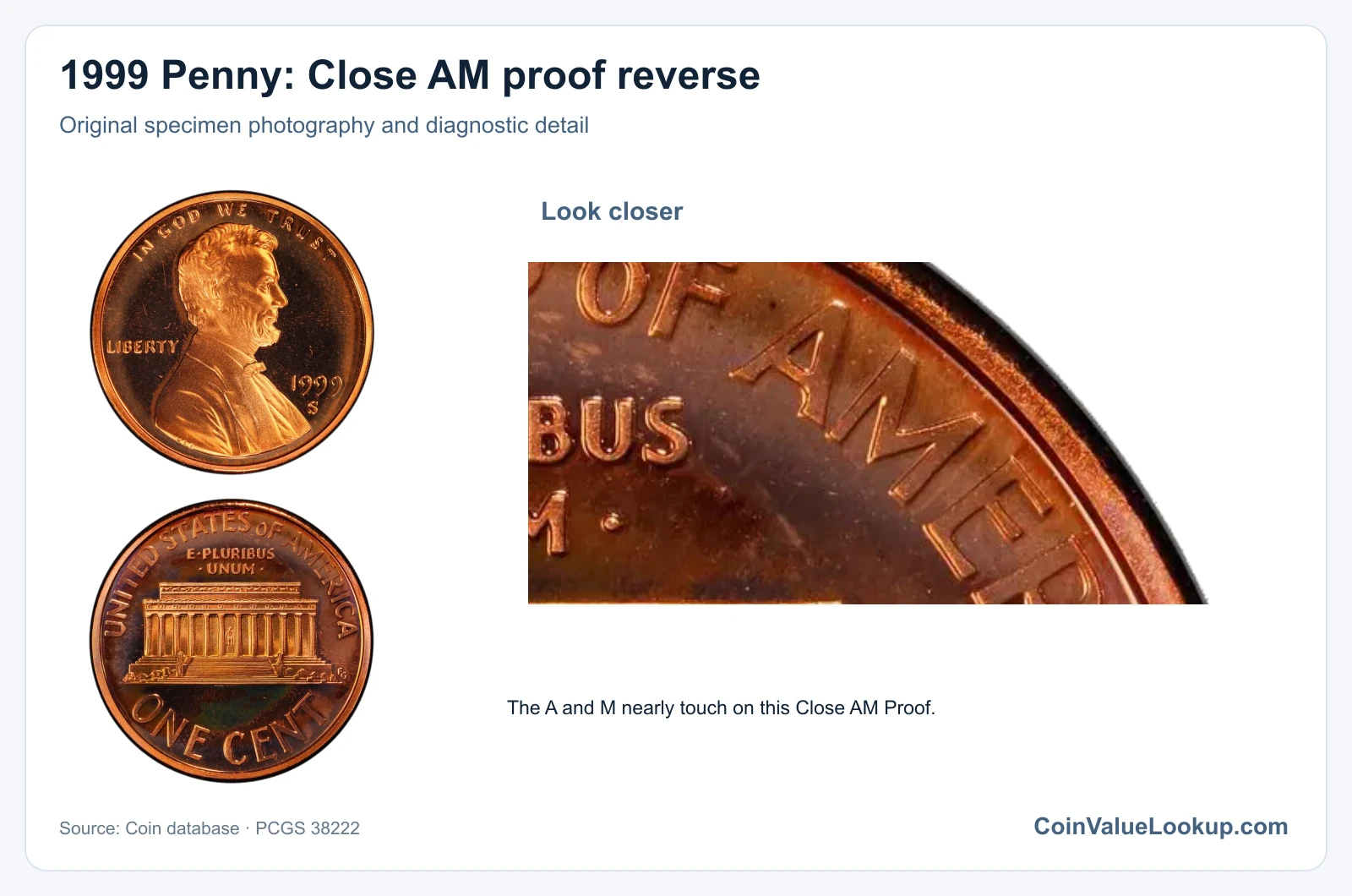 1999 Penny: Close AM proof reverse with diagnostic detail