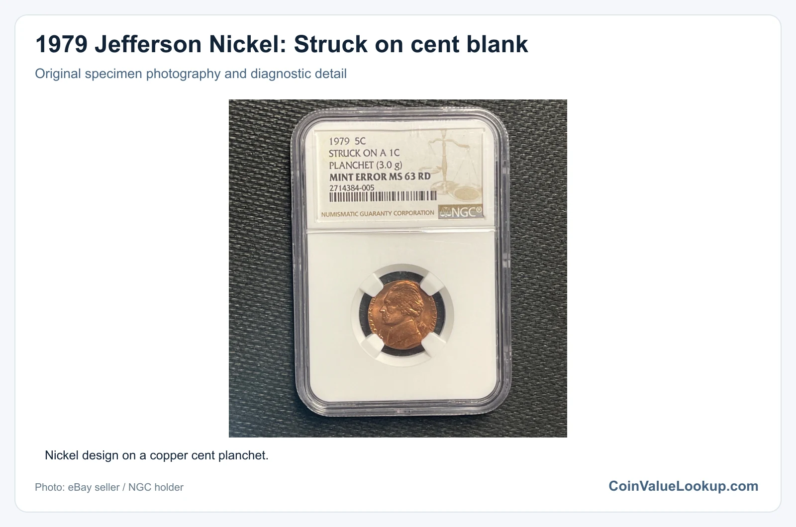 1979 Jefferson Nickel: Struck on cent blank with diagnostic detail