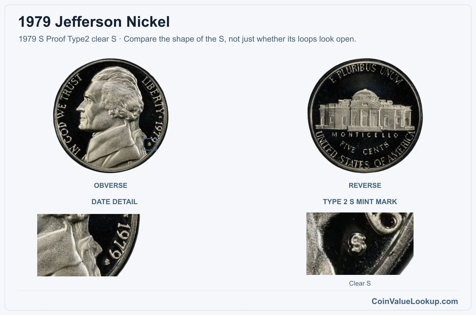 1979 Jefferson Nickel proof Type 2 S mint-mark close-up
