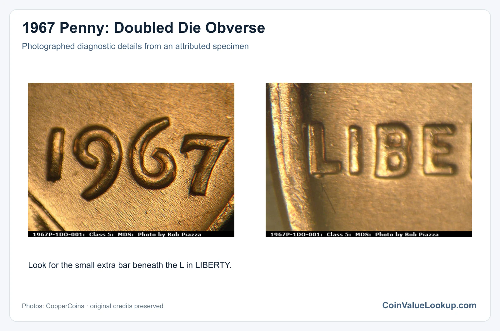 1967 Penny: Doubled Die Obverse with diagnostic detail
