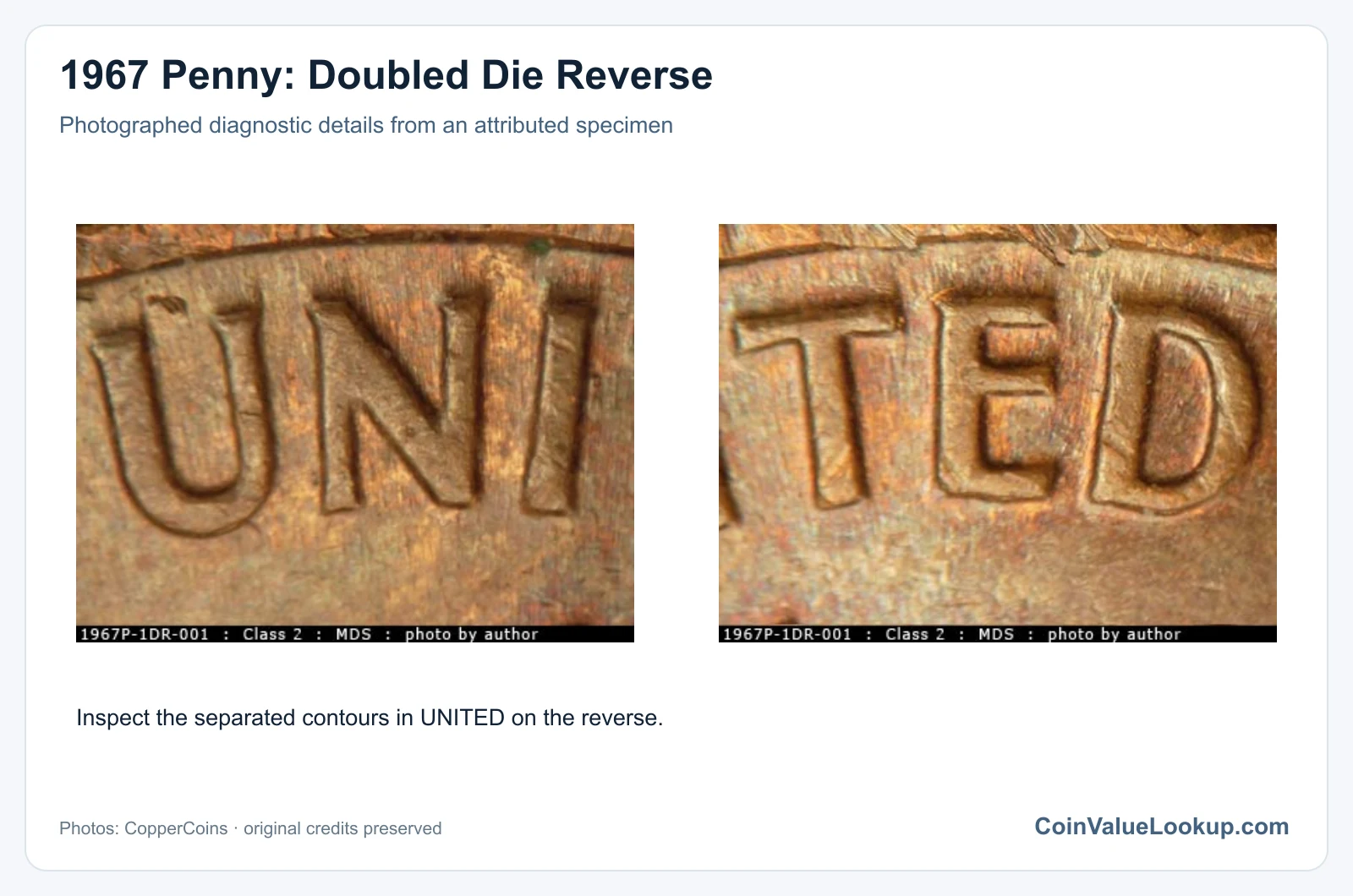 1967 Penny: Doubled Die Reverse with diagnostic detail
