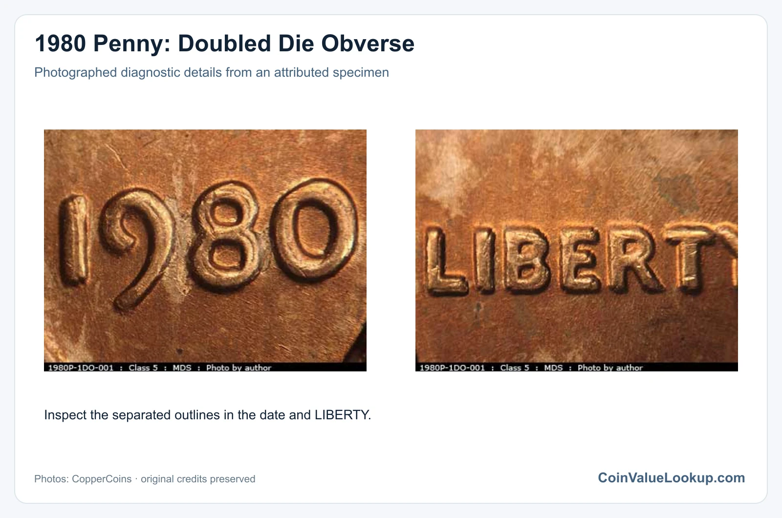 1980 Penny: Doubled Die Obverse with diagnostic detail