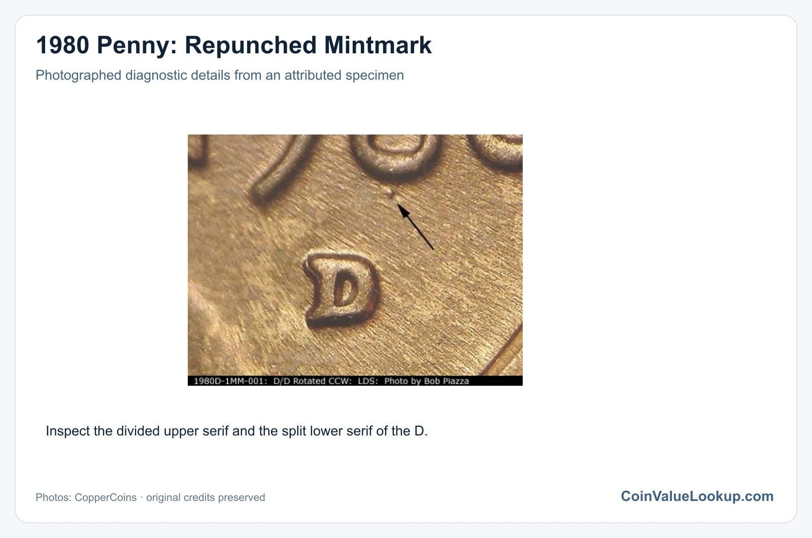1980 Penny: Repunched Mintmark with diagnostic detail