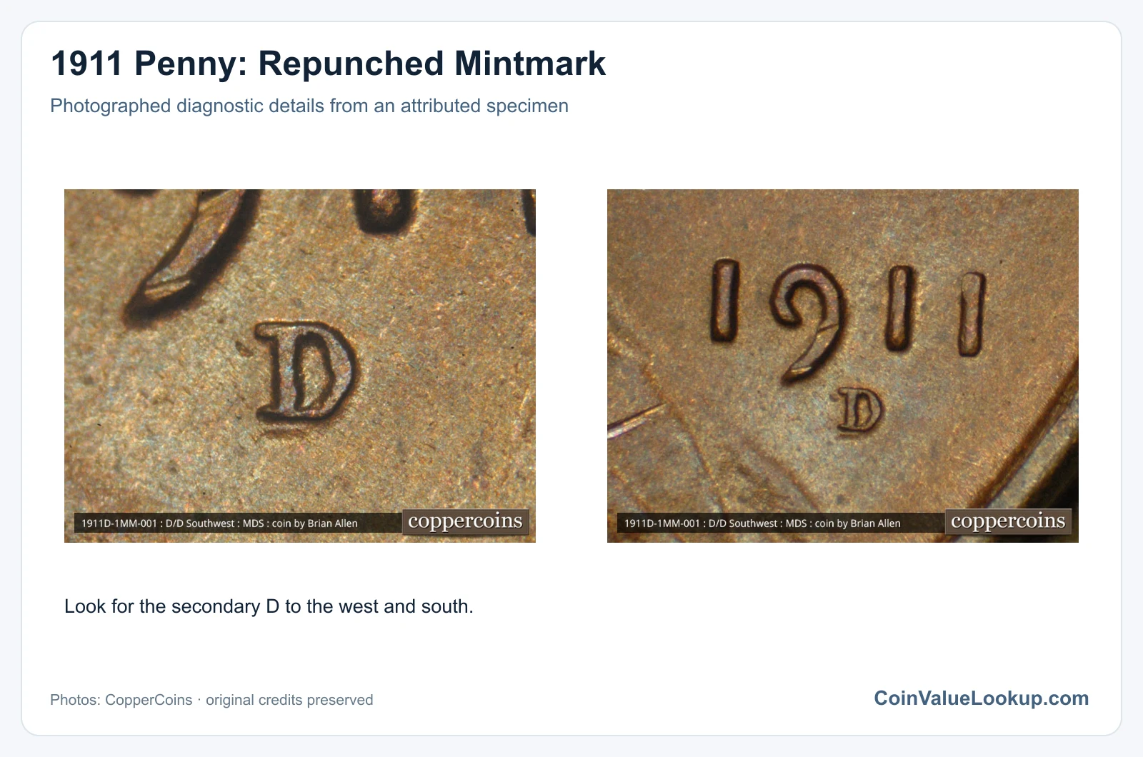 1911 Penny: Repunched Mintmark with diagnostic detail