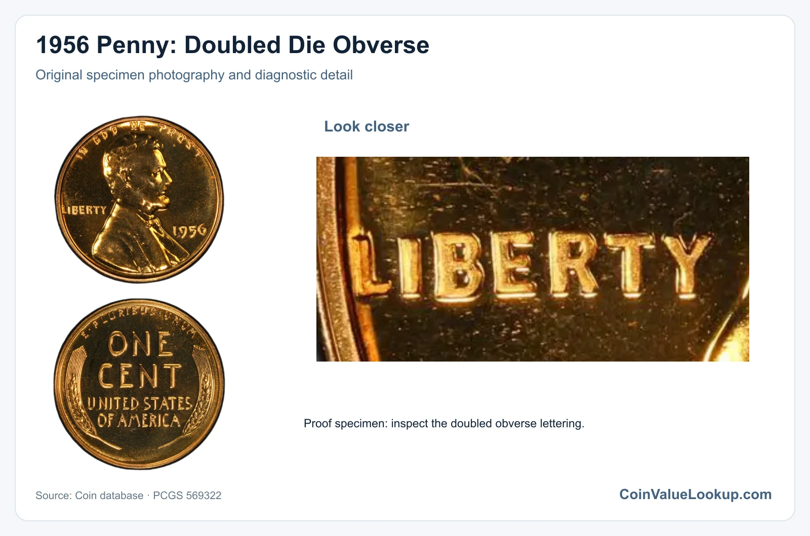 1956 Penny: Doubled Die Obverse with diagnostic detail