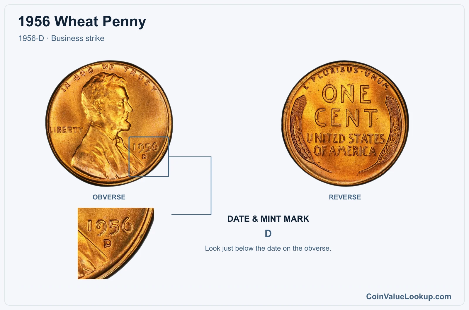 1956 Wheat Penny Coin — 1956-D, obverse and reverse, with date and mint-mark close-up
