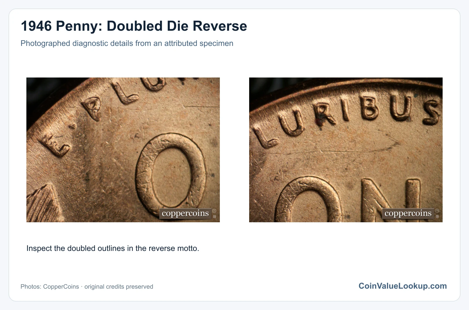 1946 Penny: Doubled Die Reverse with diagnostic detail