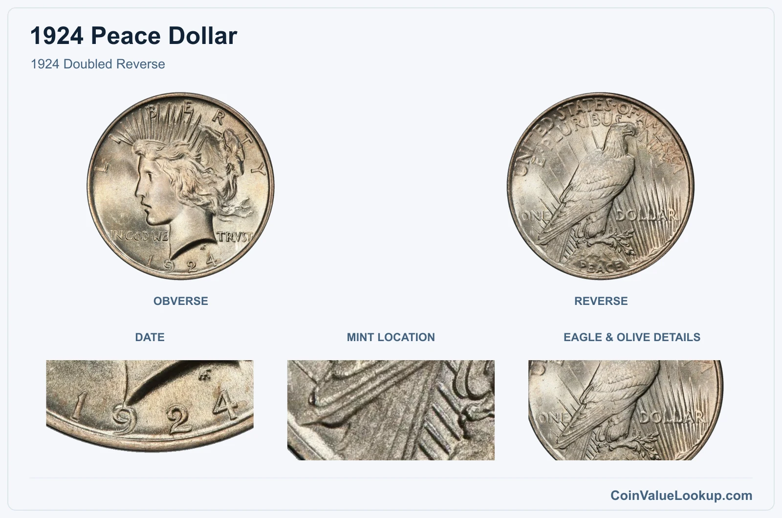 1924 Doubled Reverse real specimen with date, mint location, eagle & olive details closeups
