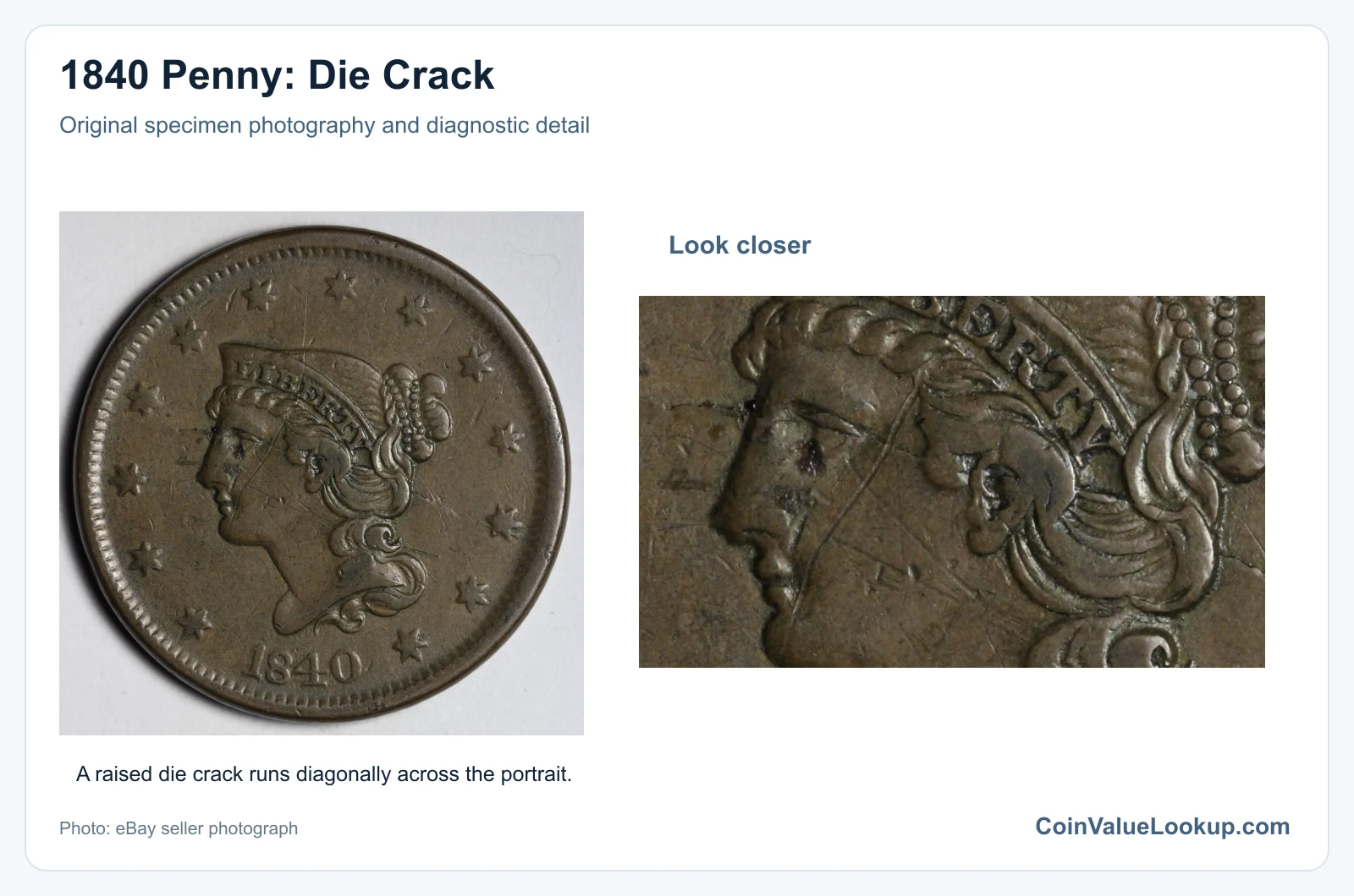 1840 Penny: Die Crack with diagnostic detail