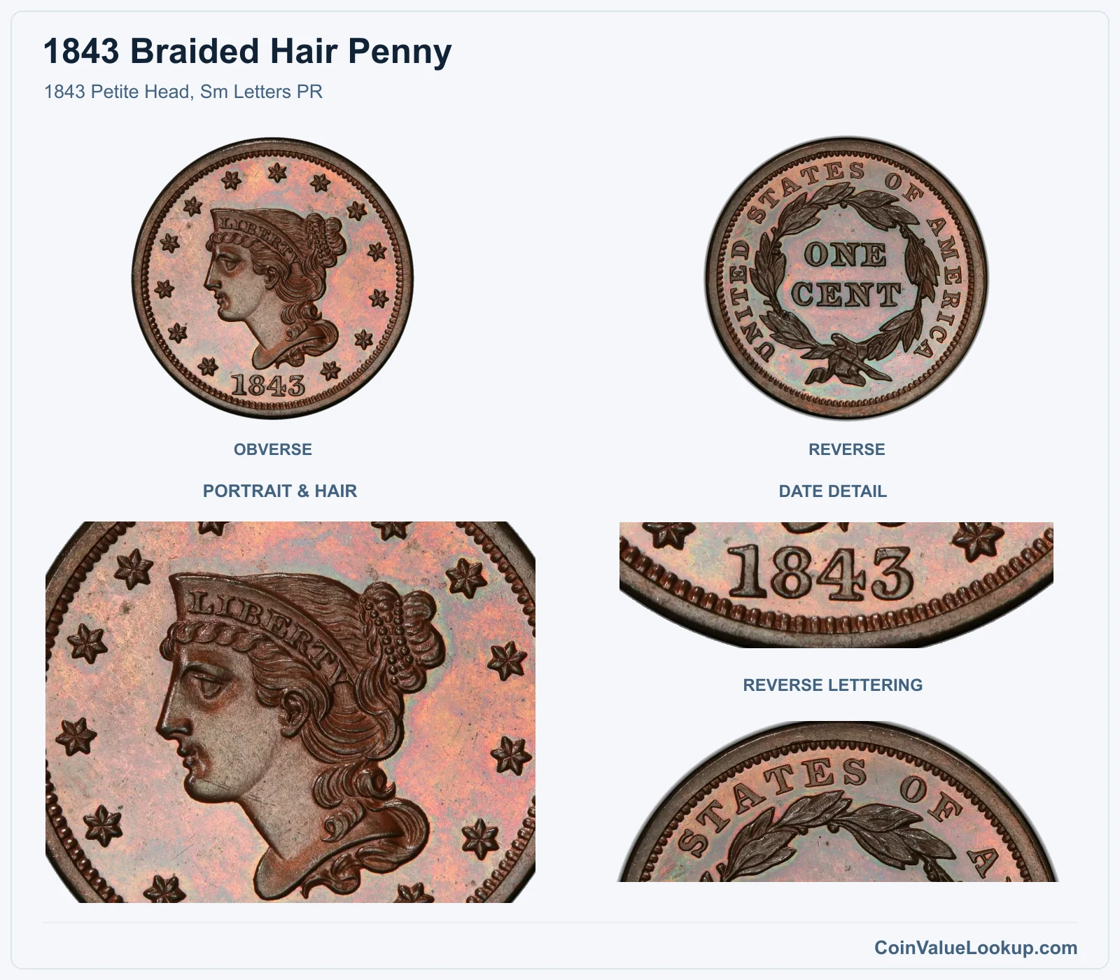 1843 Petite Head, Sm Letters PR with portrait & hair and date details