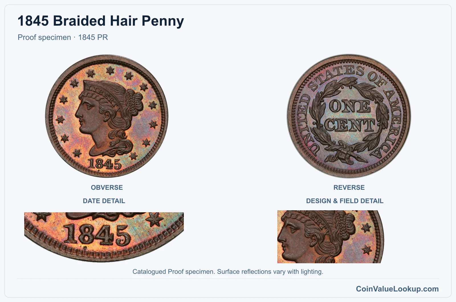 1845 Braided Hair Cent Proof genuine specimen with enlarged date and surface detail