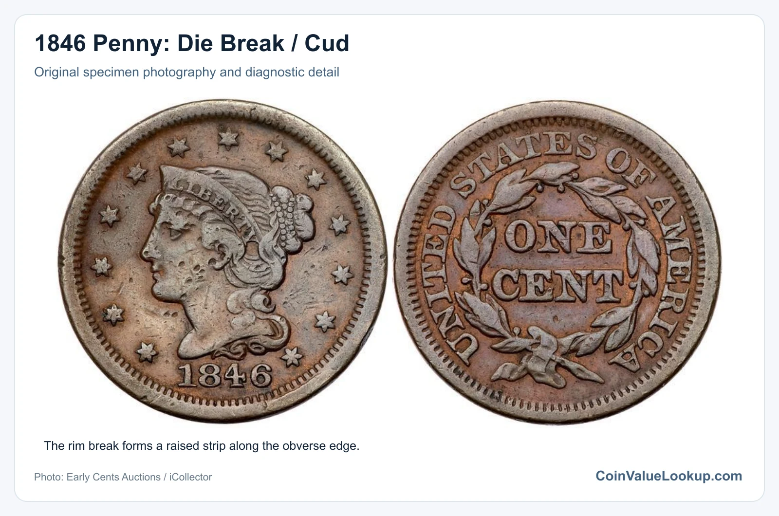 1846 Penny: Die Break / Cud with diagnostic detail