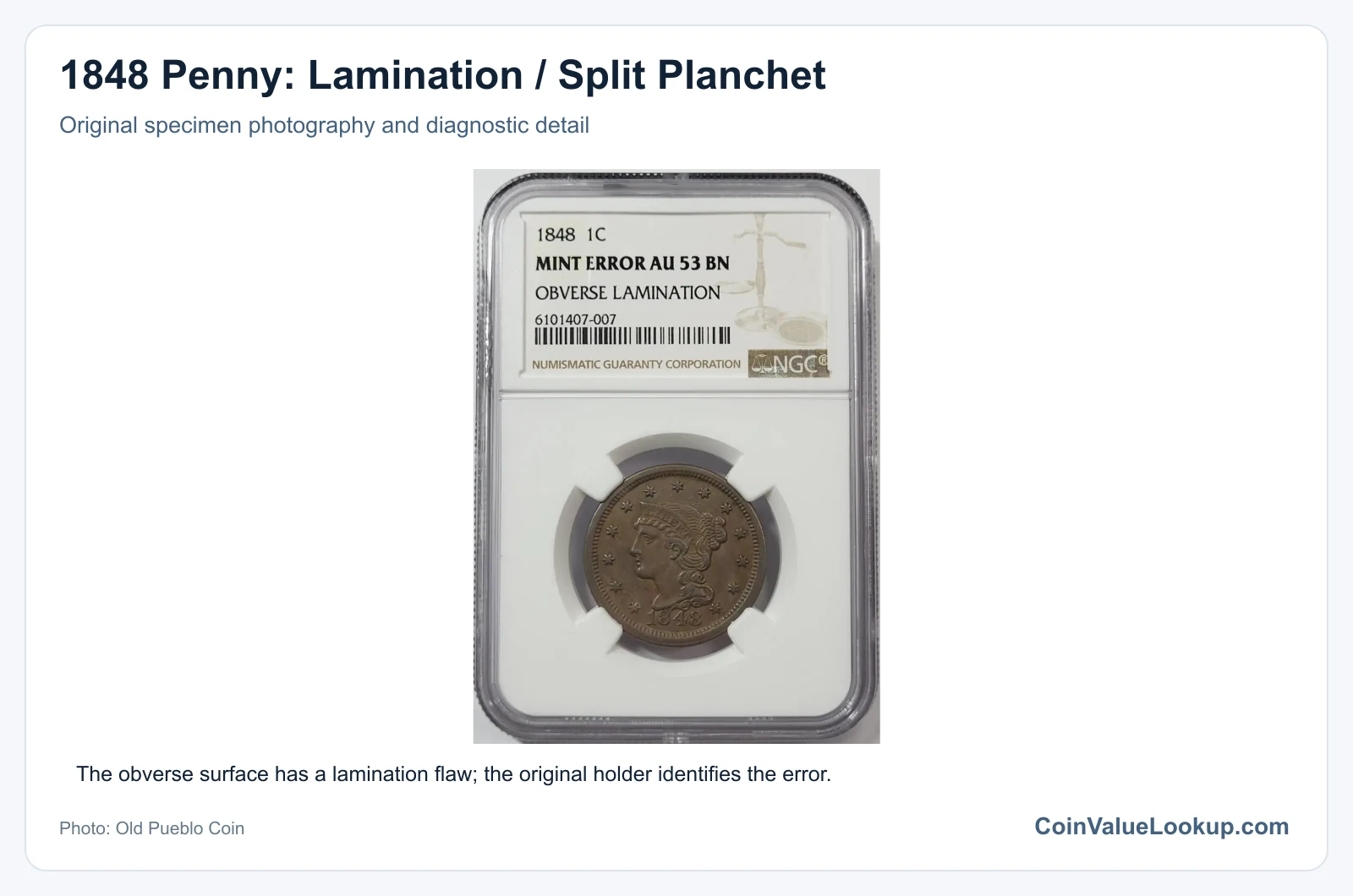 1848 Penny: Lamination / Split Planchet with diagnostic detail