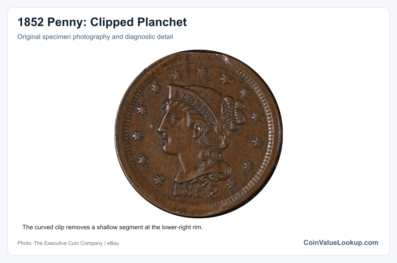 1852 Penny: Clipped Planchet with diagnostic detail