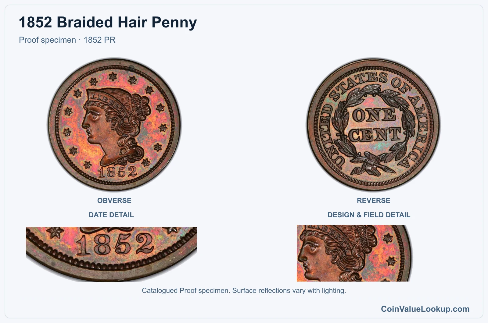 1852 Braided Hair Cent Proof genuine specimen with enlarged date and surface detail
