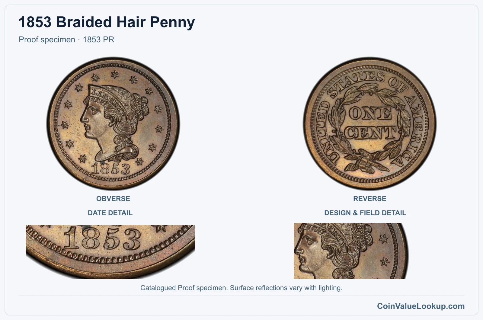 1853 Braided Hair Cent Proof genuine specimen with enlarged date and surface detail