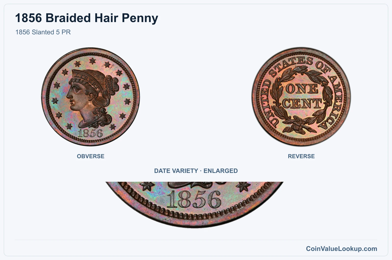 1856 Slanted 5 PR with enlarged genuine date detail