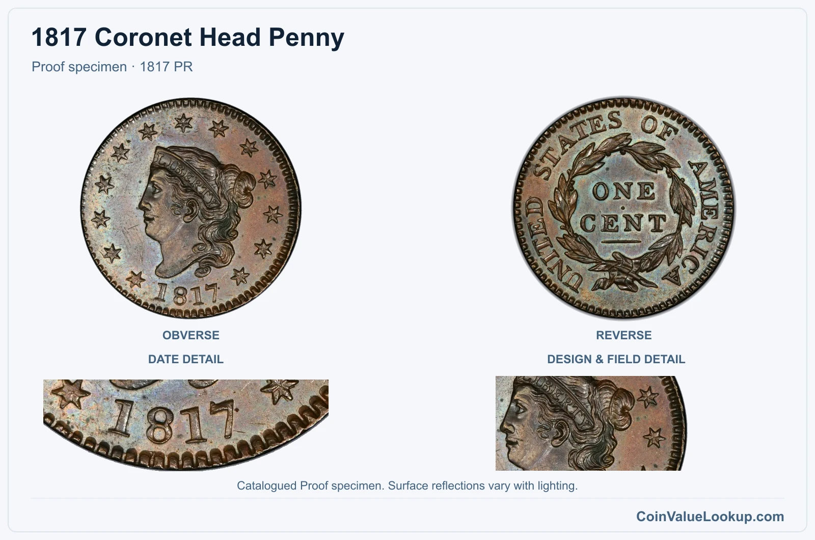 1817 Coronet Head Cent Proof genuine specimen with enlarged date and surface detail