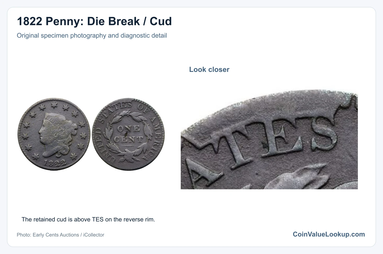 1822 Penny: Die Break / Cud with diagnostic detail