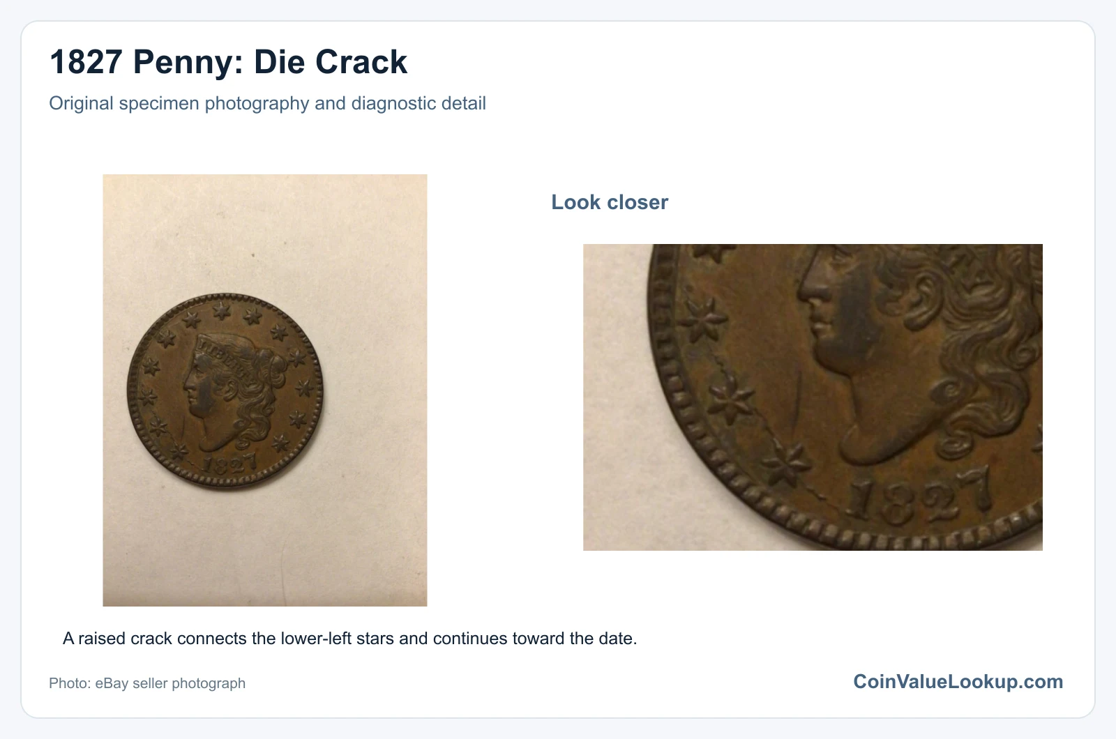 1827 Penny: Die Crack with diagnostic detail