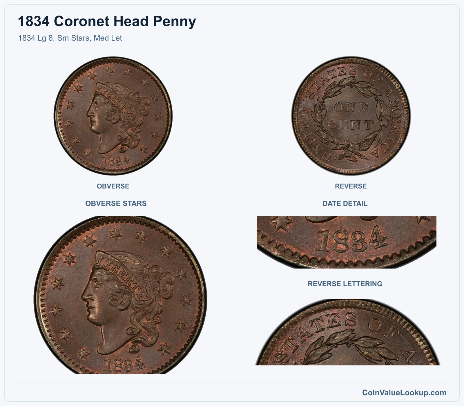 1834 Lg 8, Sm Stars, Med Let with obverse stars and date details