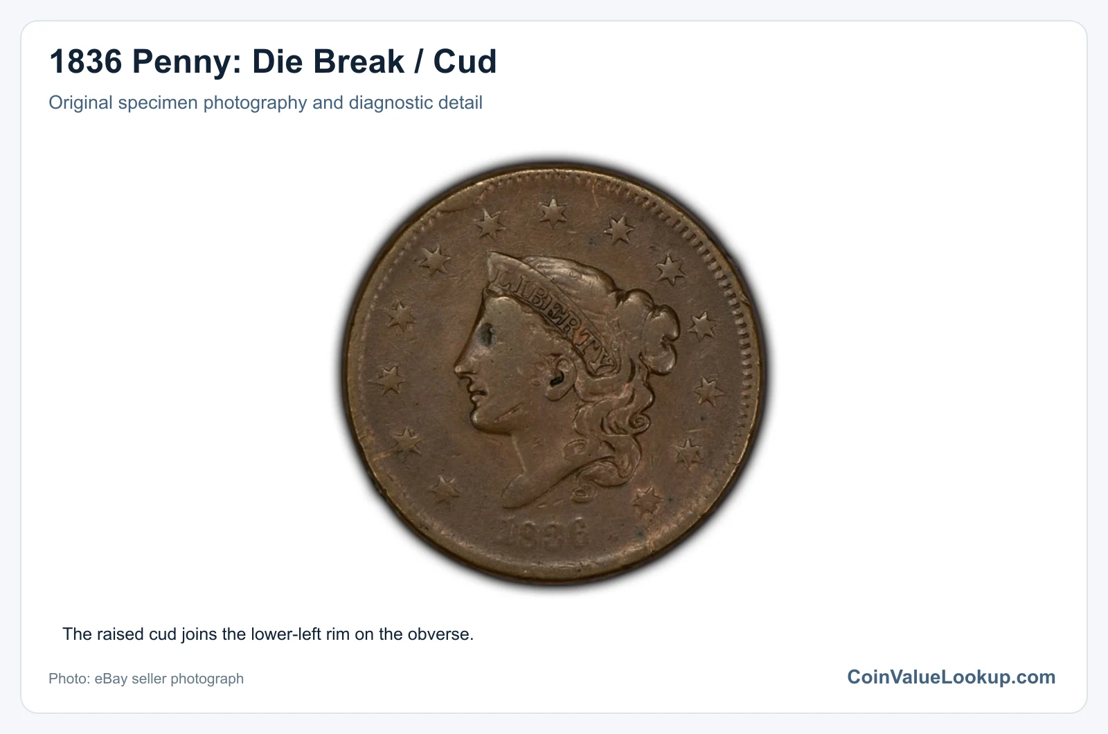 1836 Penny: Die Break / Cud with diagnostic detail