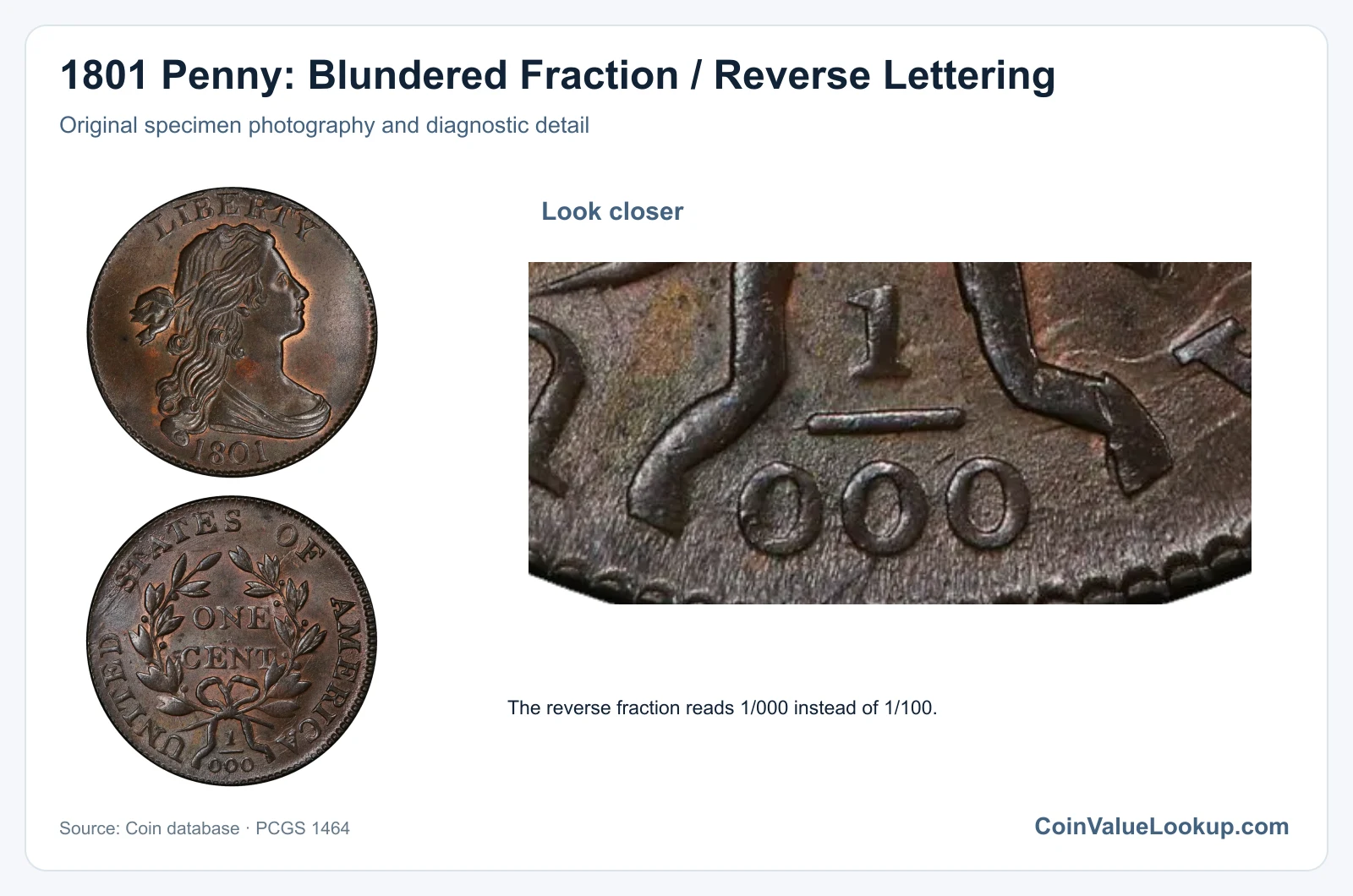 1801 Penny: Blundered Fraction / Reverse Lettering with diagnostic detail