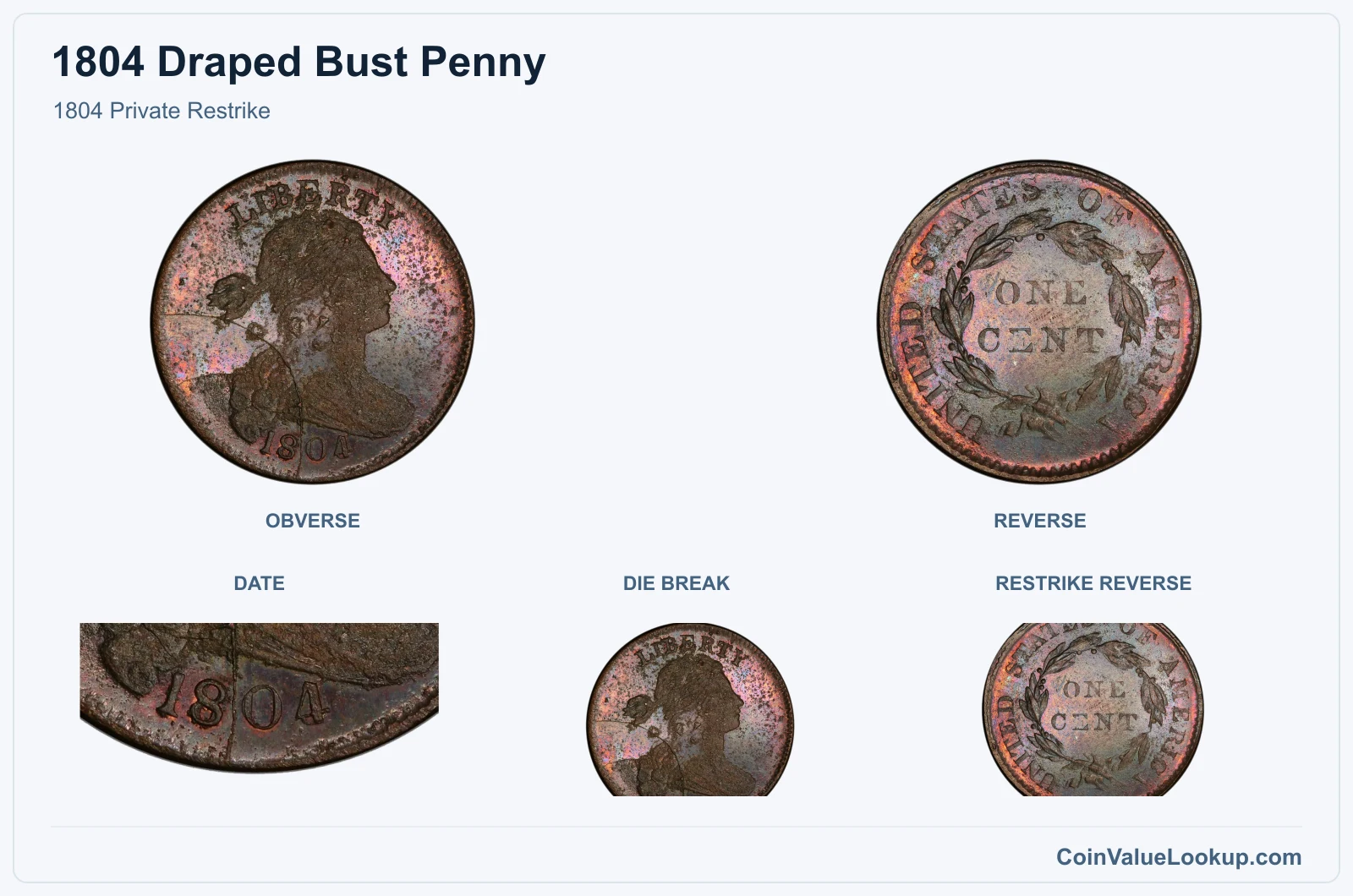 1804 Private Restrike real specimen with date, die break, restrike reverse closeups