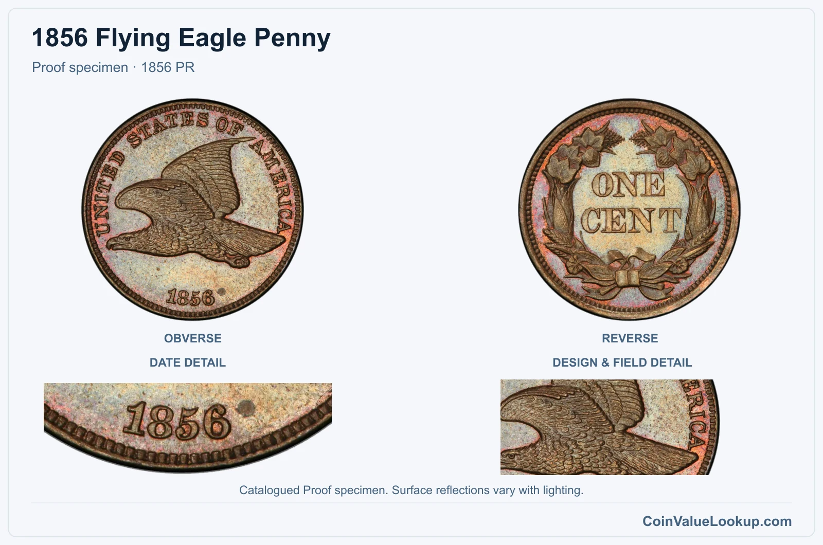1856 Flying Eagle Cent Proof genuine specimen with enlarged date and surface detail