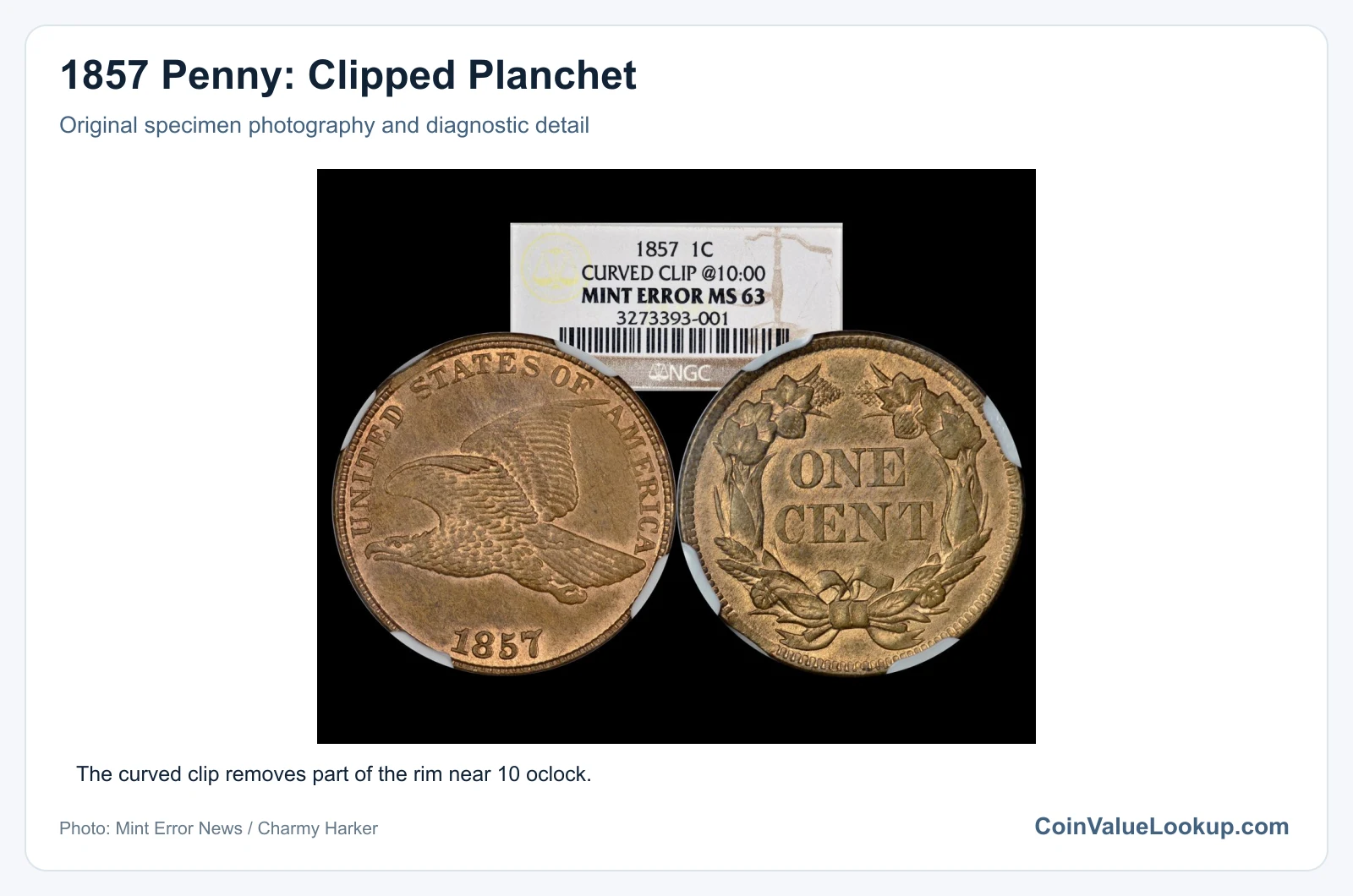 1857 Penny: Clipped Planchet with diagnostic detail