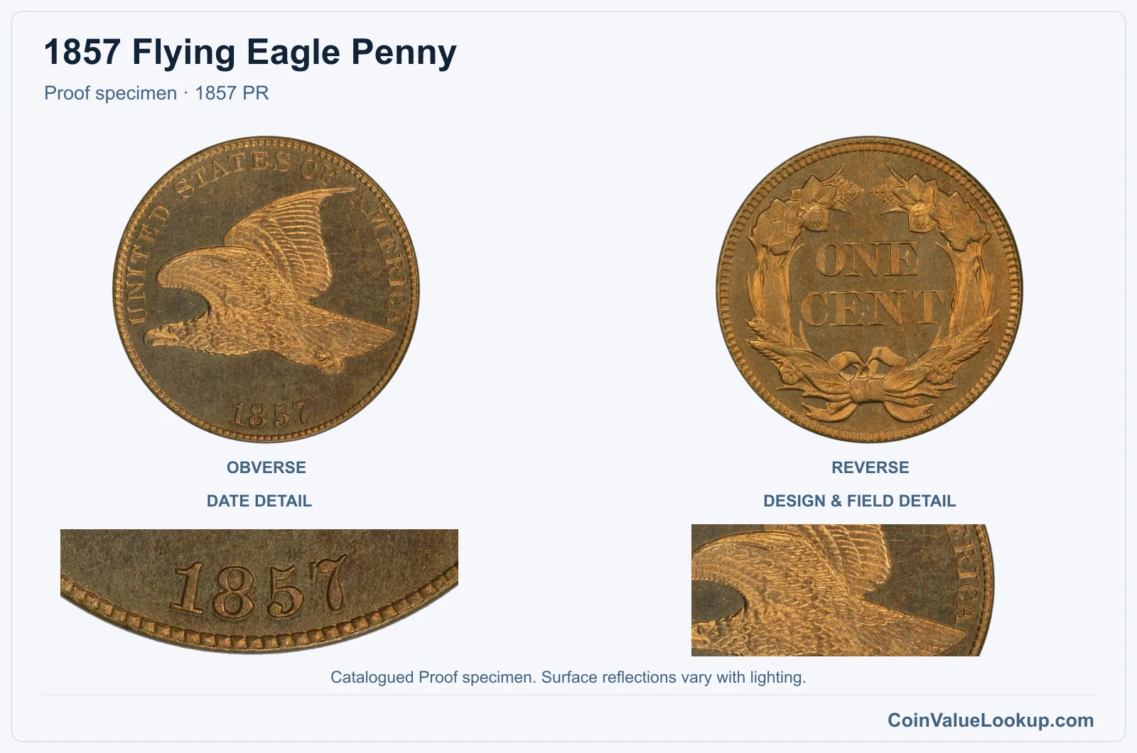 1857 Flying Eagle Cent Proof genuine specimen with enlarged date and surface detail