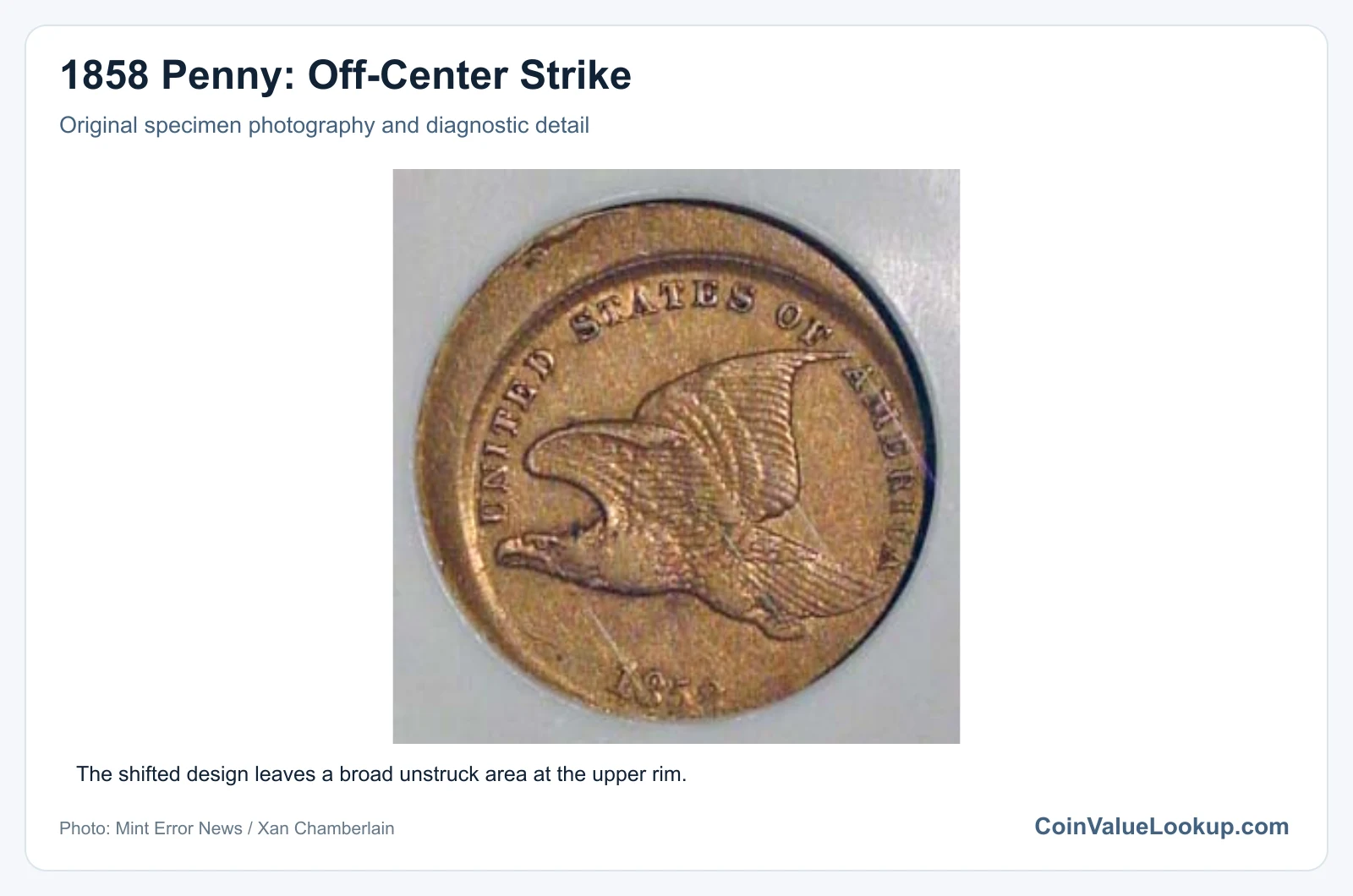 1858 Penny: Off-Center Strike with diagnostic detail