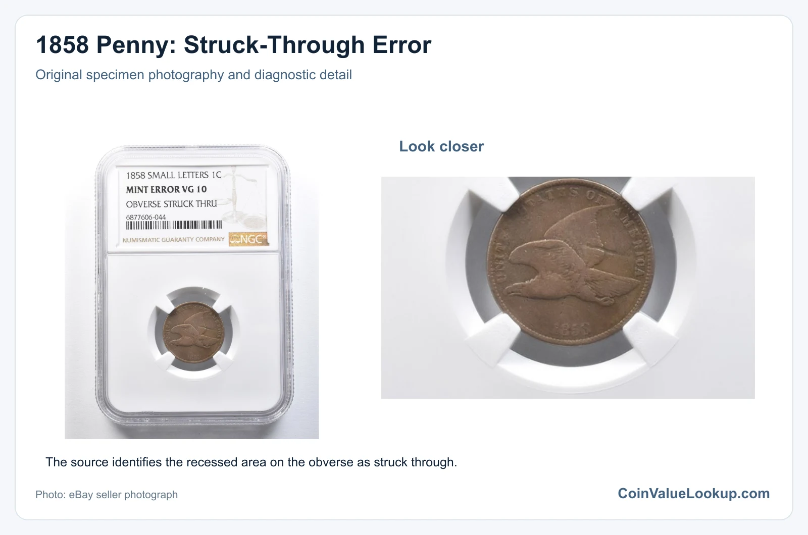 1858 Penny: Struck-Through Error with diagnostic detail