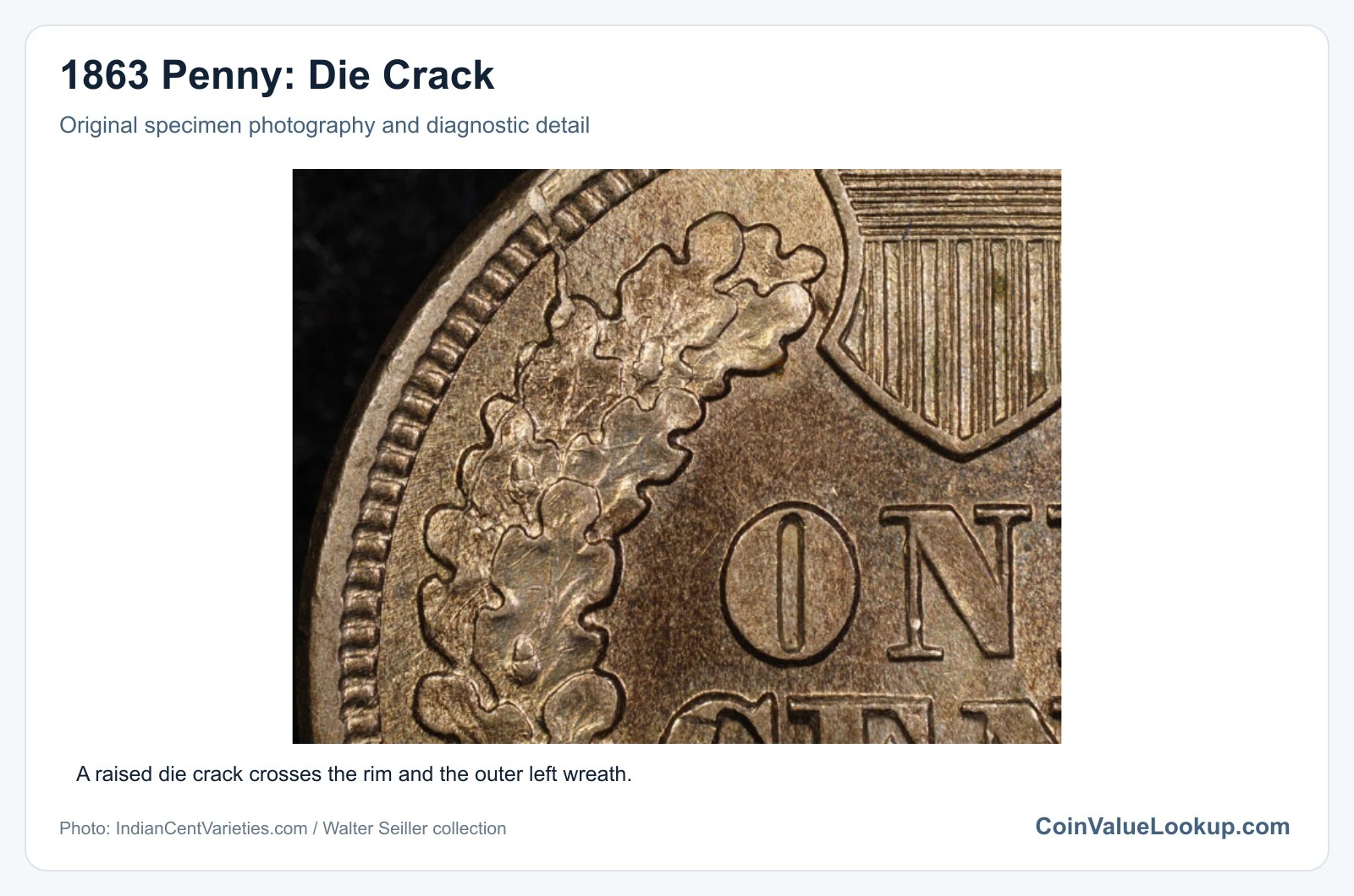 1863 Penny: Die Crack with diagnostic detail