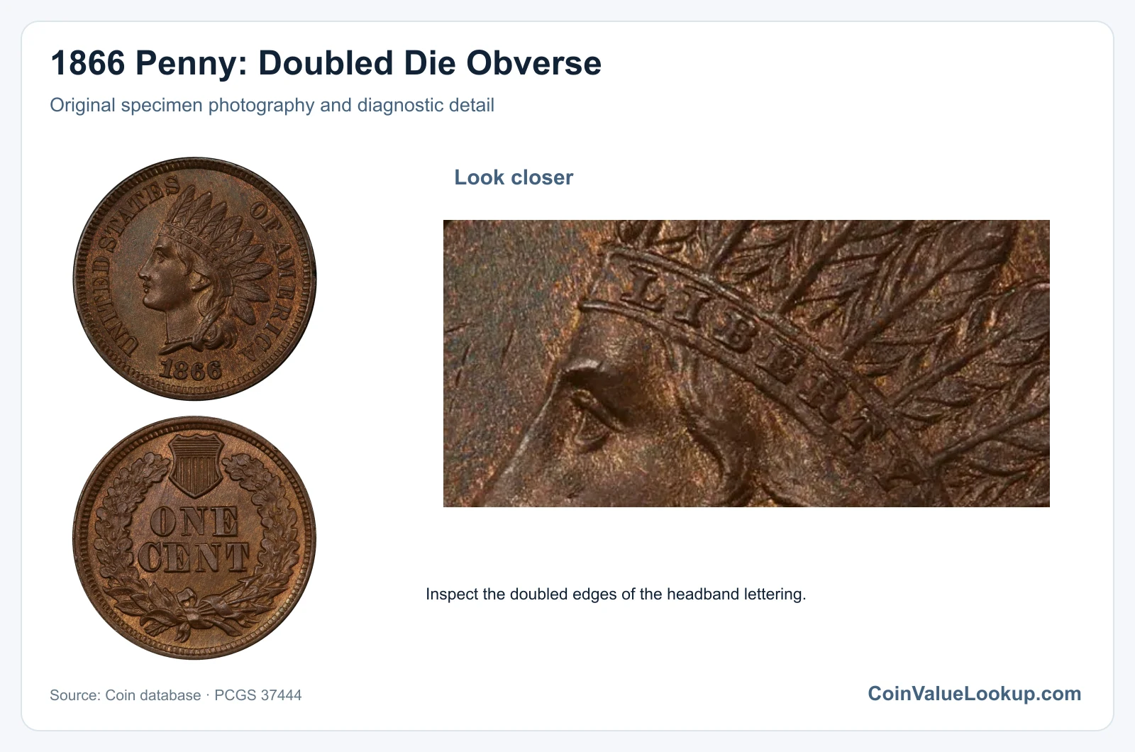 1866 Penny: Doubled Die Obverse with diagnostic detail